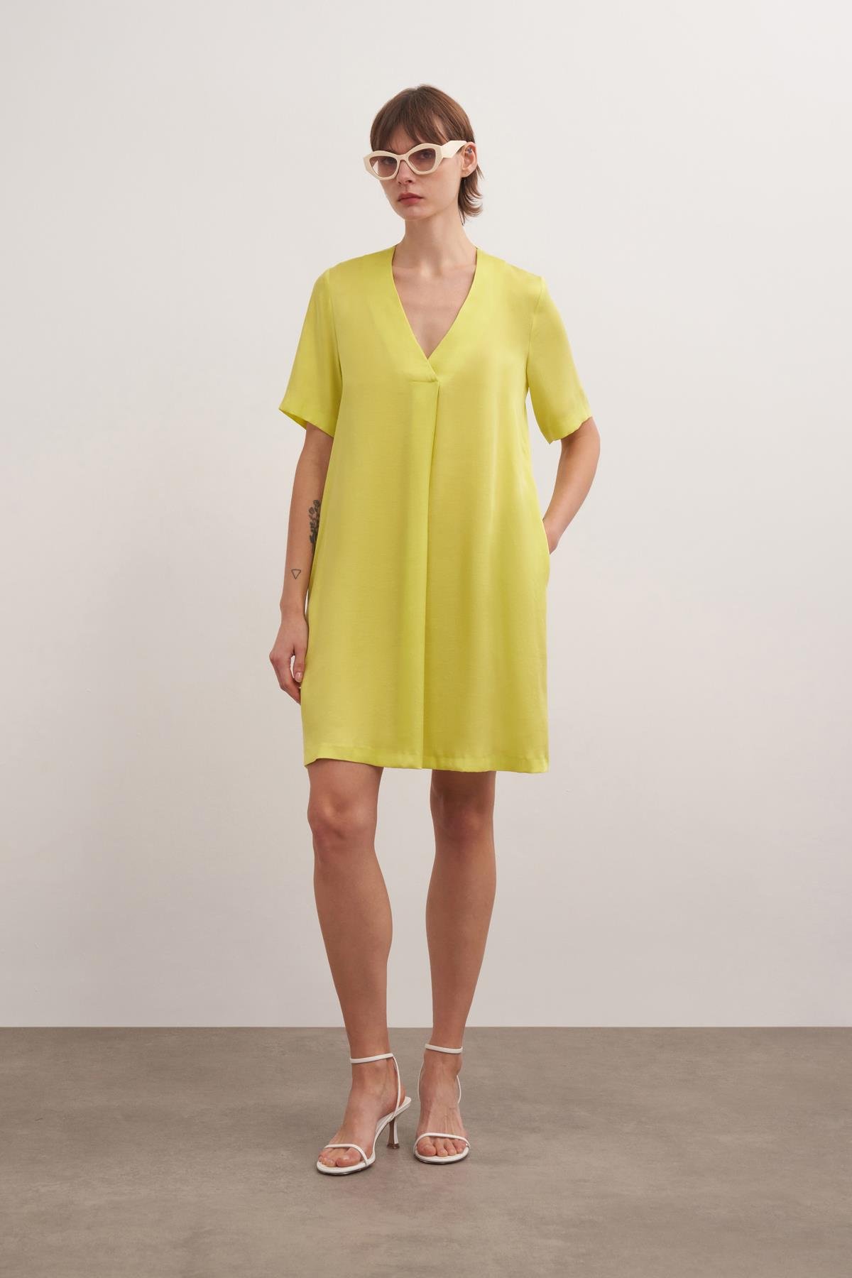 Tencel Karışımlı Diz Üstü Elbise Limon