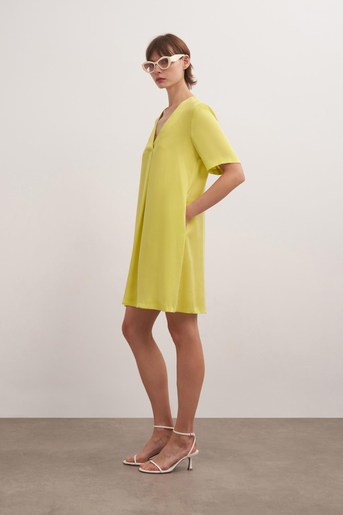 Tencel Karışımlı Diz Üstü Elbise Limon