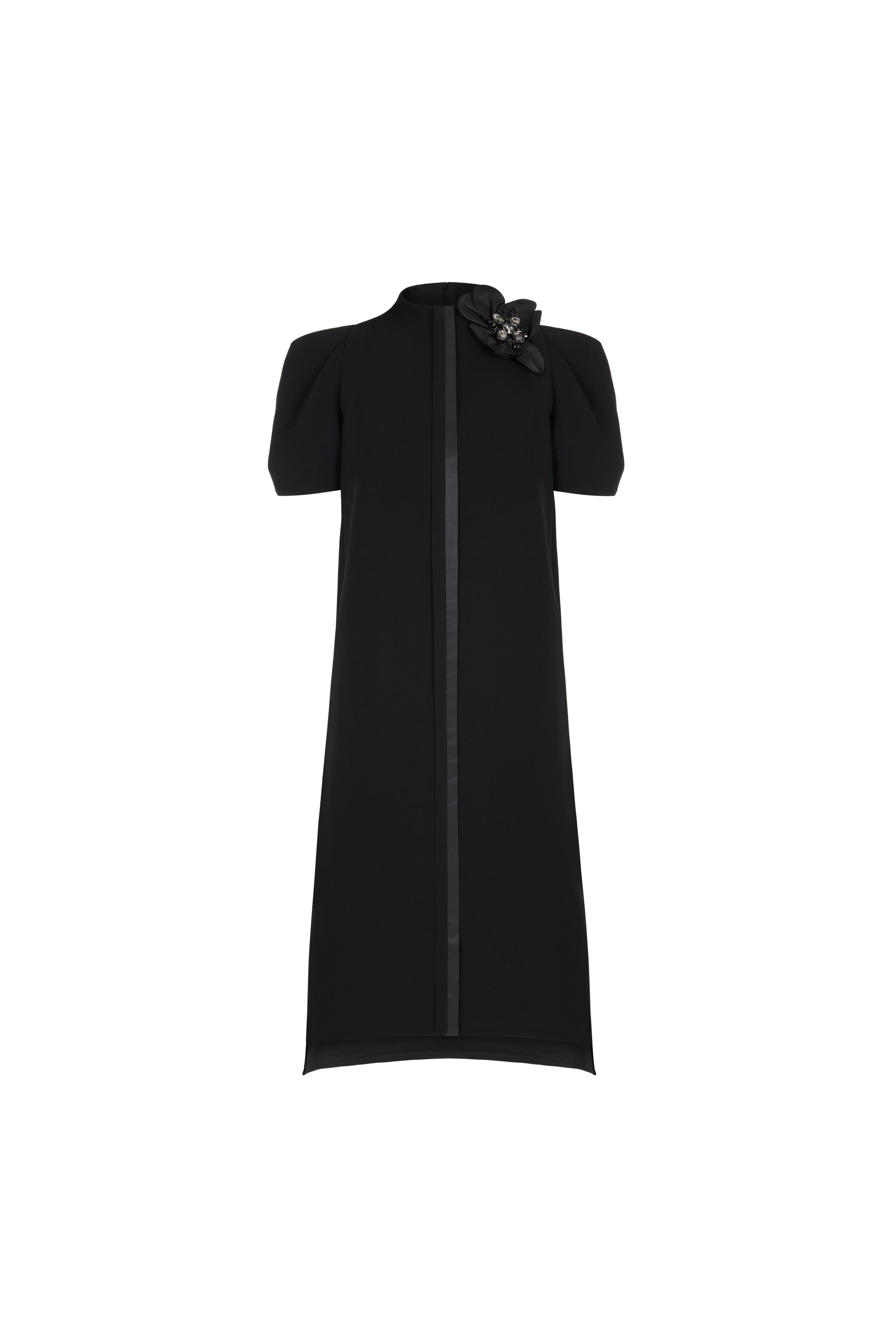 Yakası Çiçek Ve Taş Detaylı Elbise Siyah