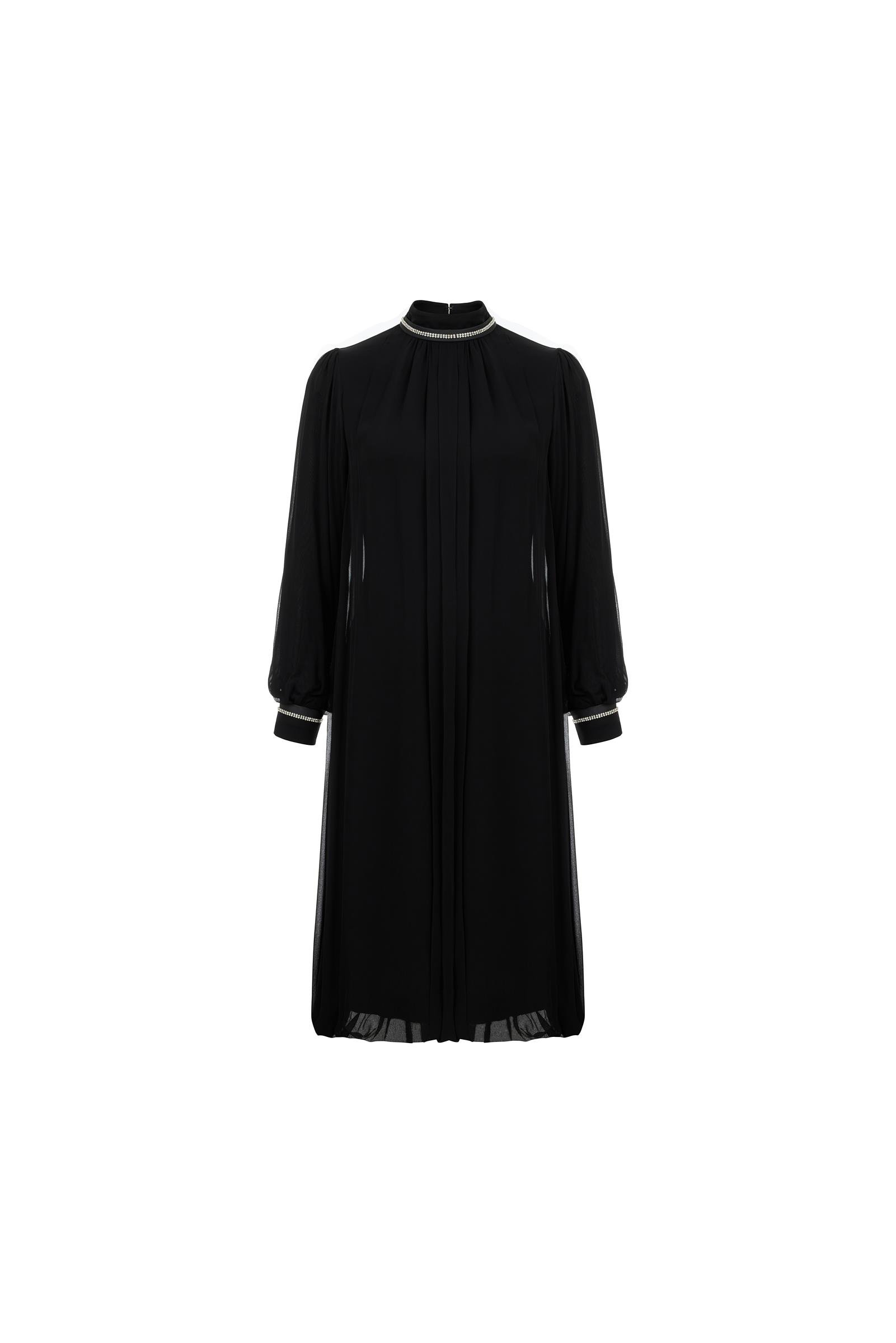 Yakası Su Yolu Kristal Taş İşlemeli Şifon Elbise Siyah