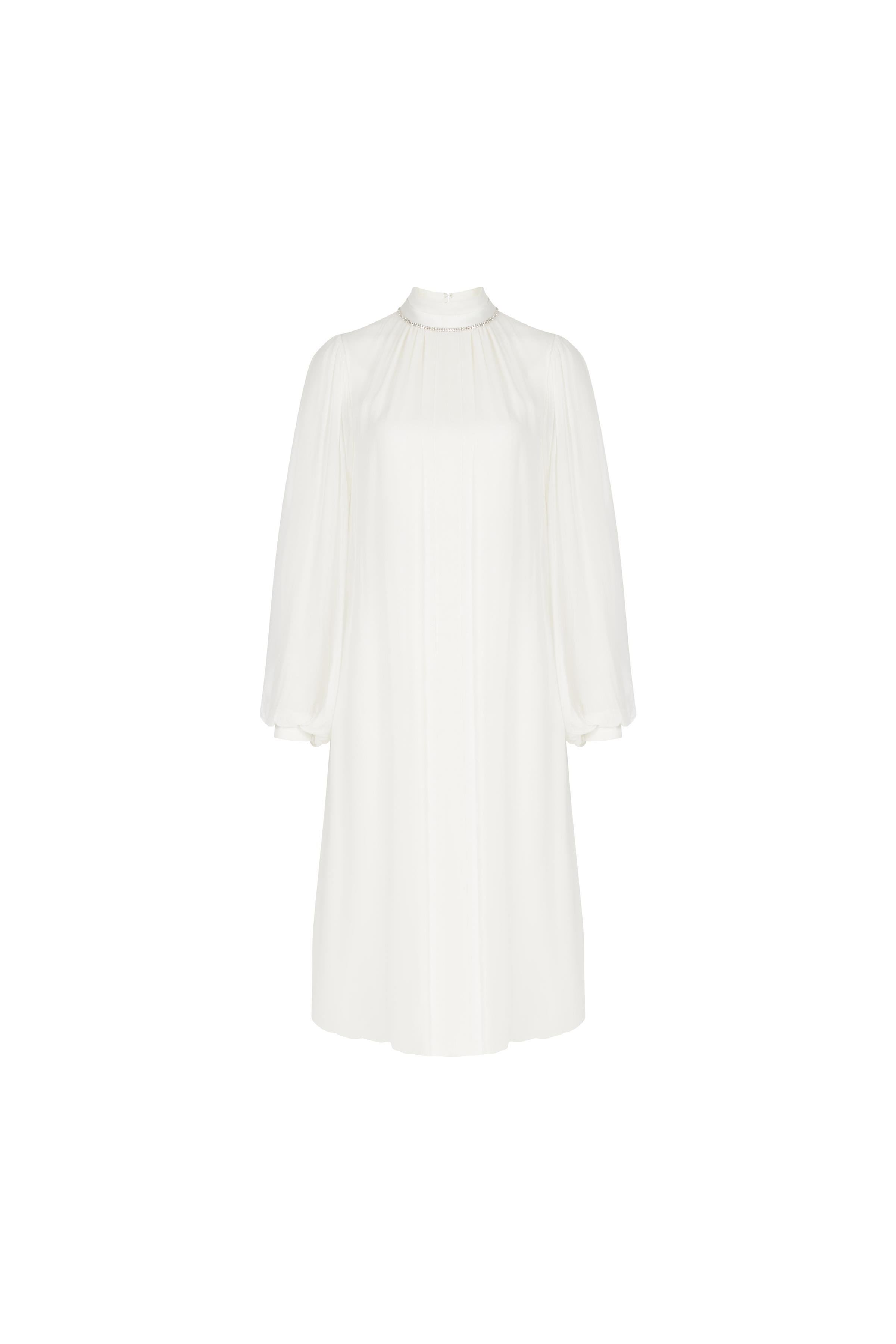 Yakası Su Yolu Kristal Taş İşlemeli Şifon Elbise Ekru