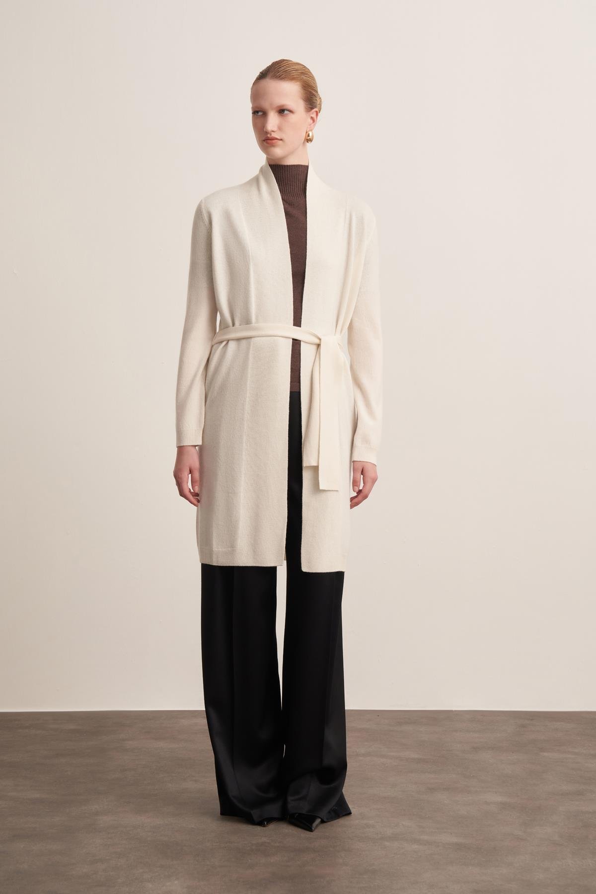 Yün Uzun Form Ekru Kadın Hırka 