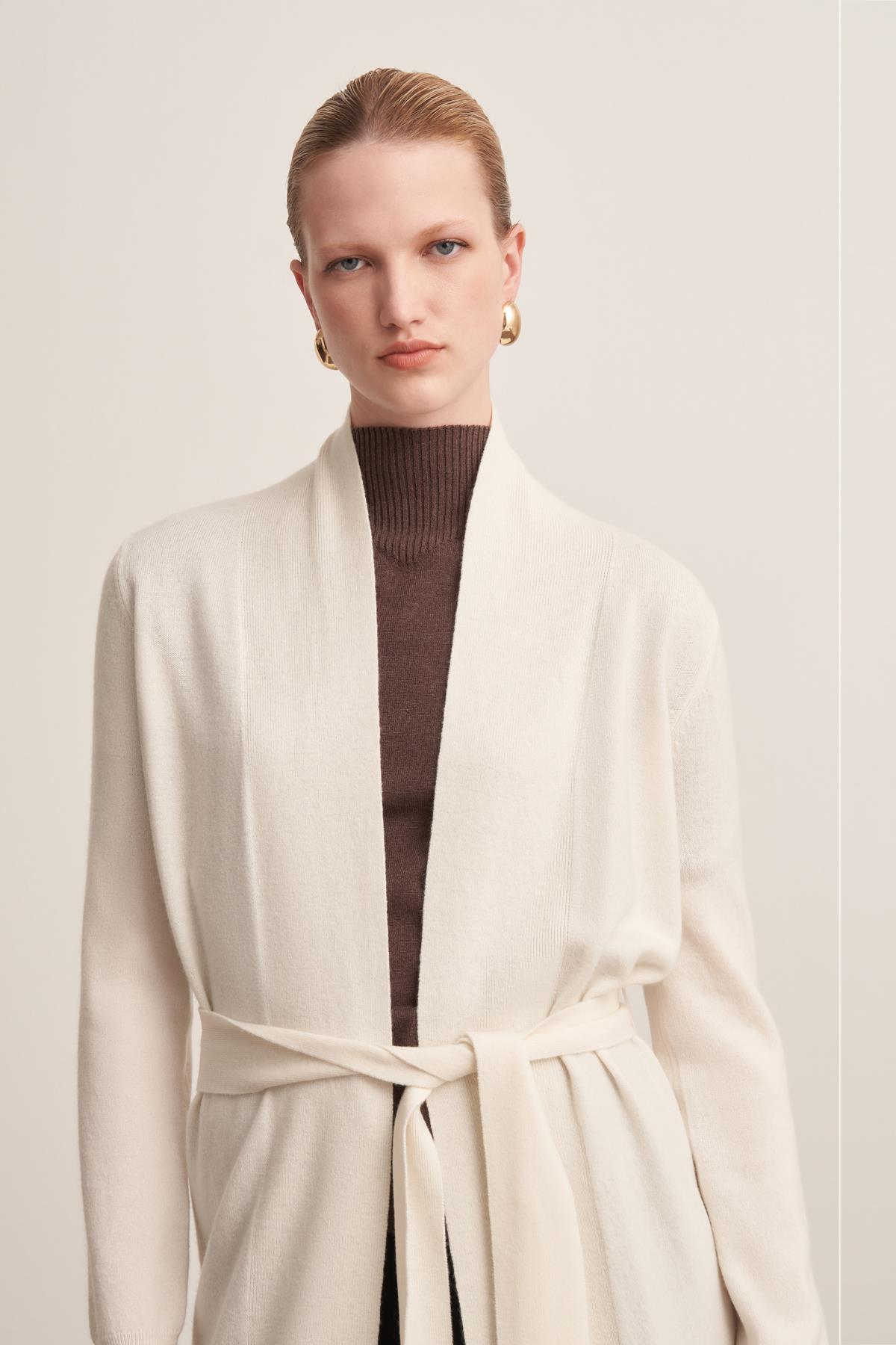 Yün Uzun Form Ekru Kadın Hırka 