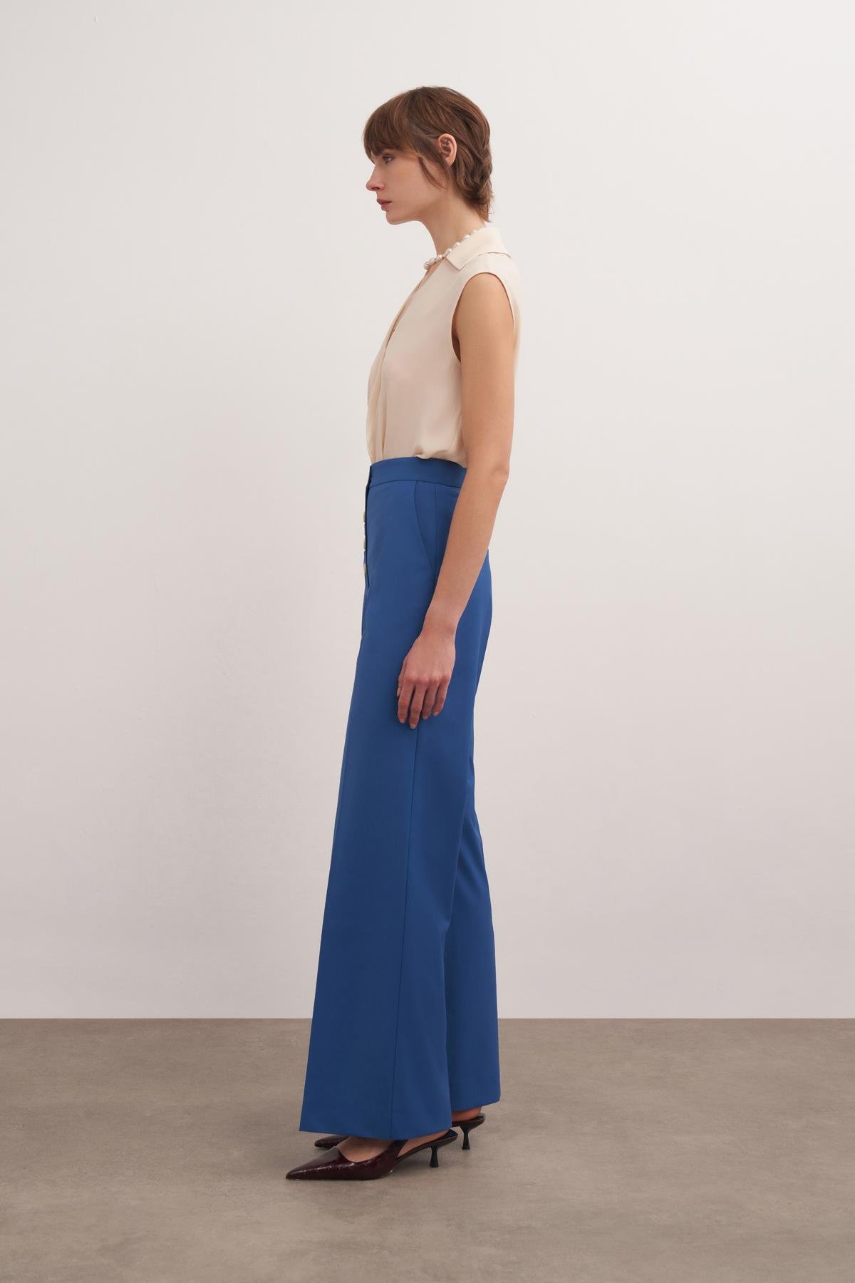 Yünlü Bol Paça Pantolon Bazalt Mavisi