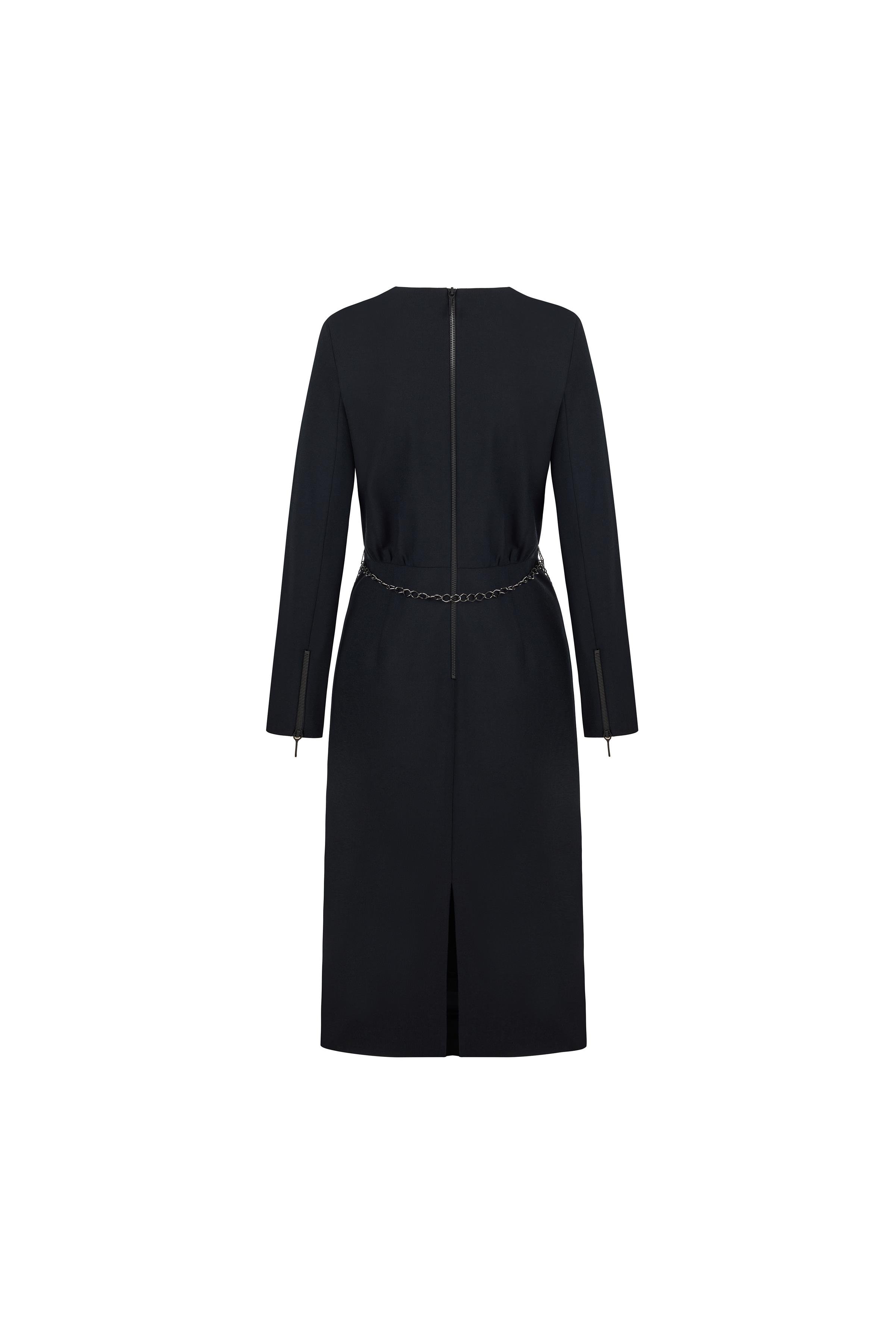 Zincir Kemerli Yün Elbise Siyah