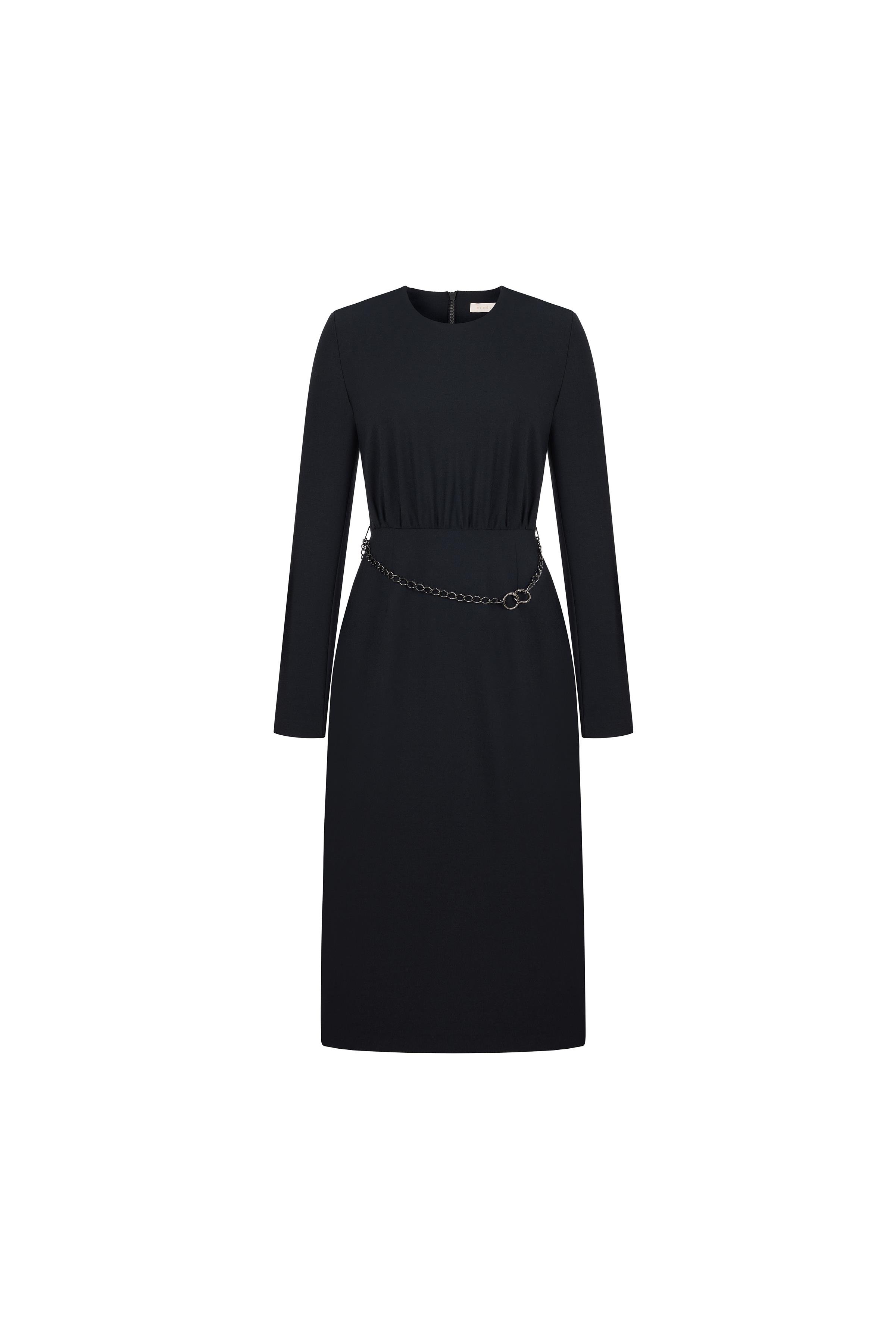 Zincir Kemerli Yün Elbise Siyah