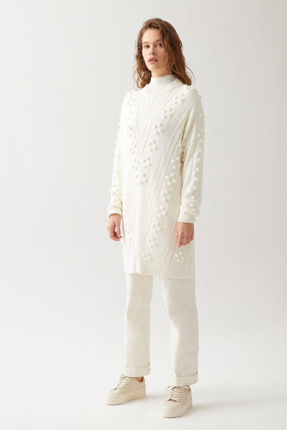 Ponpon Triko Tunik Ekru