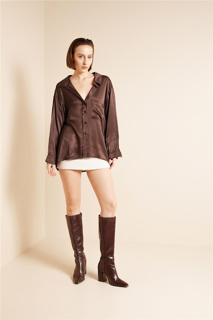Avrile  CEPLİ OVERSIZE SATEN GÖMLEK KAHVE A25-10340