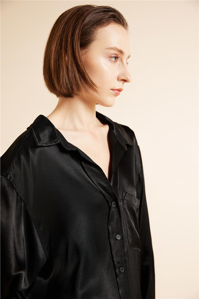 Avrile  CEPLİ OVERSIZE SATEN GÖMLEK SİYAH A25-10340