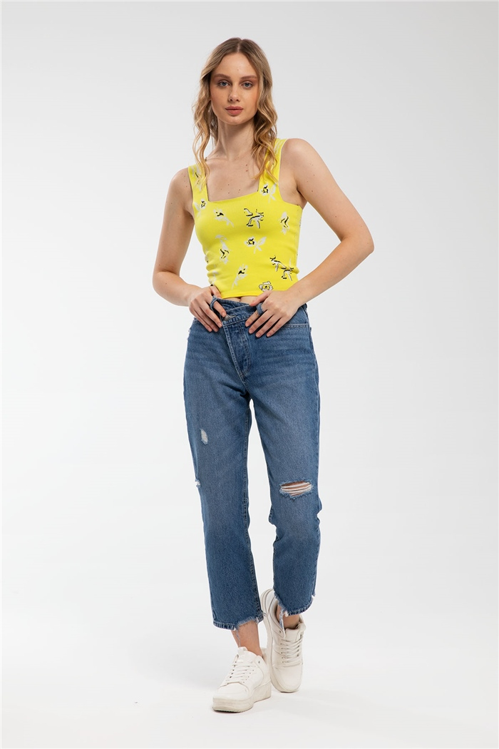 Avrile Çiçek Desenli Kare Yaka Triko Bluz  SARI  A91778-S