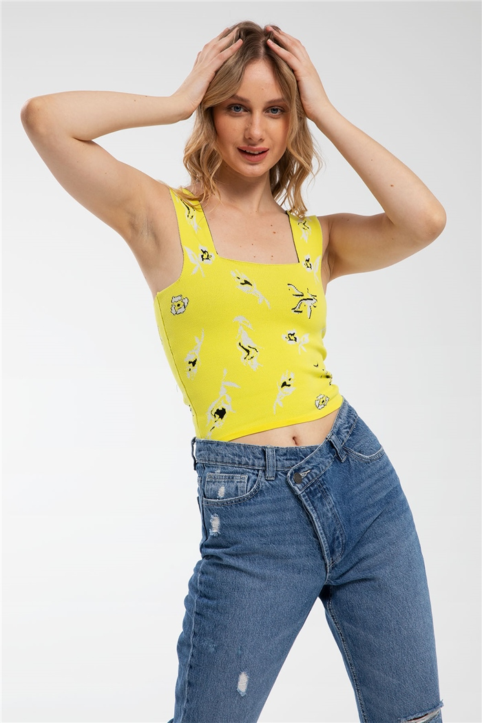 Avrile Çiçek Desenli Kare Yaka Triko Bluz  SARI  A91778-S