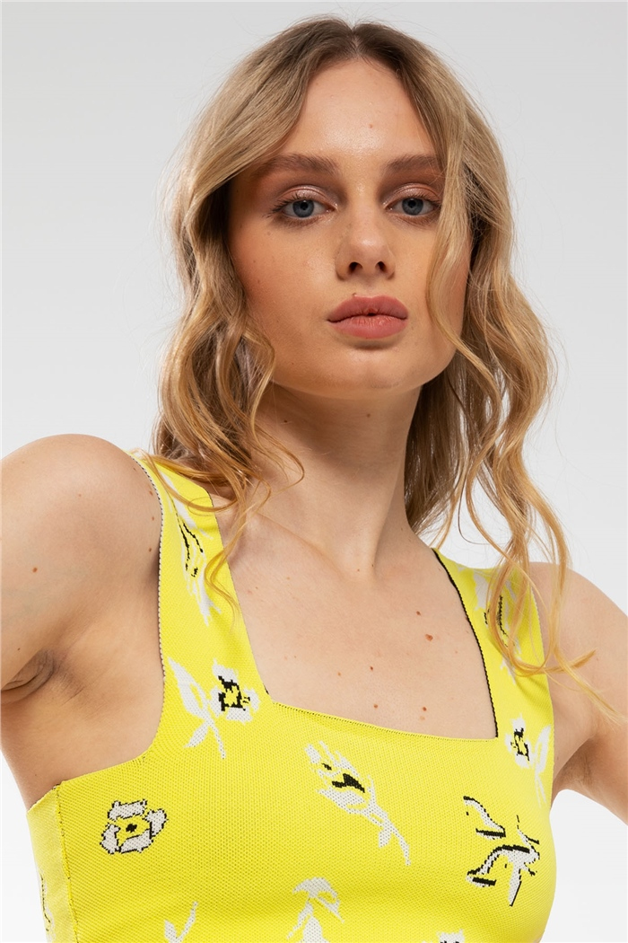 Avrile Çiçek Desenli Kare Yaka Triko Bluz  SARI  A91778-S