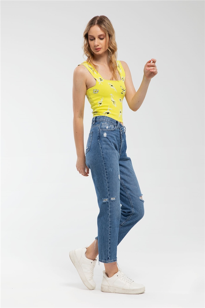 Avrile Çiçek Desenli Kare Yaka Triko Bluz  SARI  A91778-S