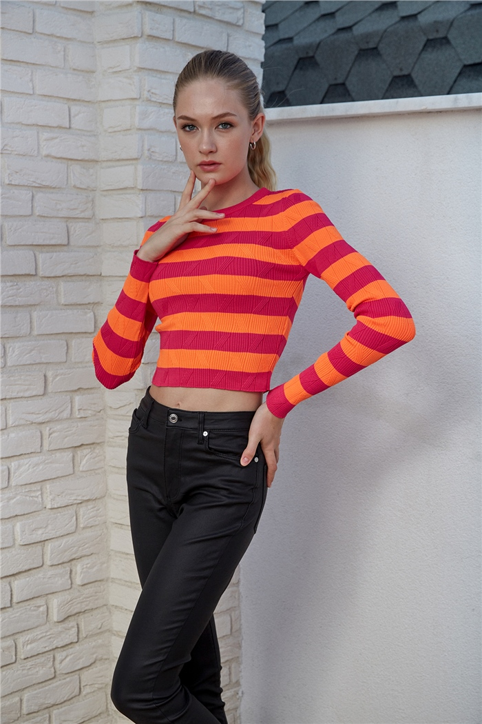 Avrile Çizgili Triko Kazak  FUŞYA-NEON ORANJ  A92161-S