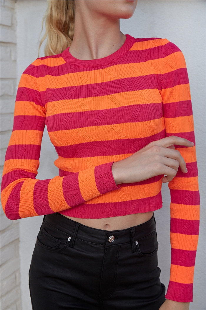 Avrile Çizgili Triko Kazak  FUŞYA-NEON ORANJ  A92161-S