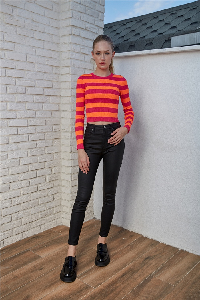 Avrile Çizgili Triko Kazak  FUŞYA-NEON ORANJ  A92161-S