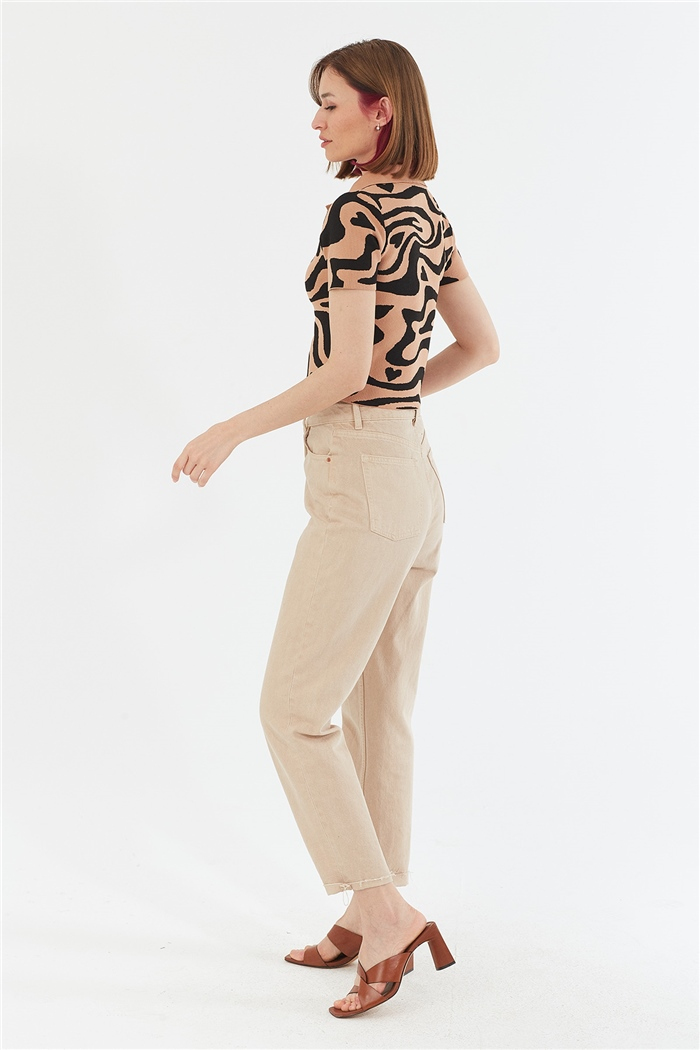 Avrile Desenli Polo Yaka Kazak  CAMEL-SİYAH  A92046-S