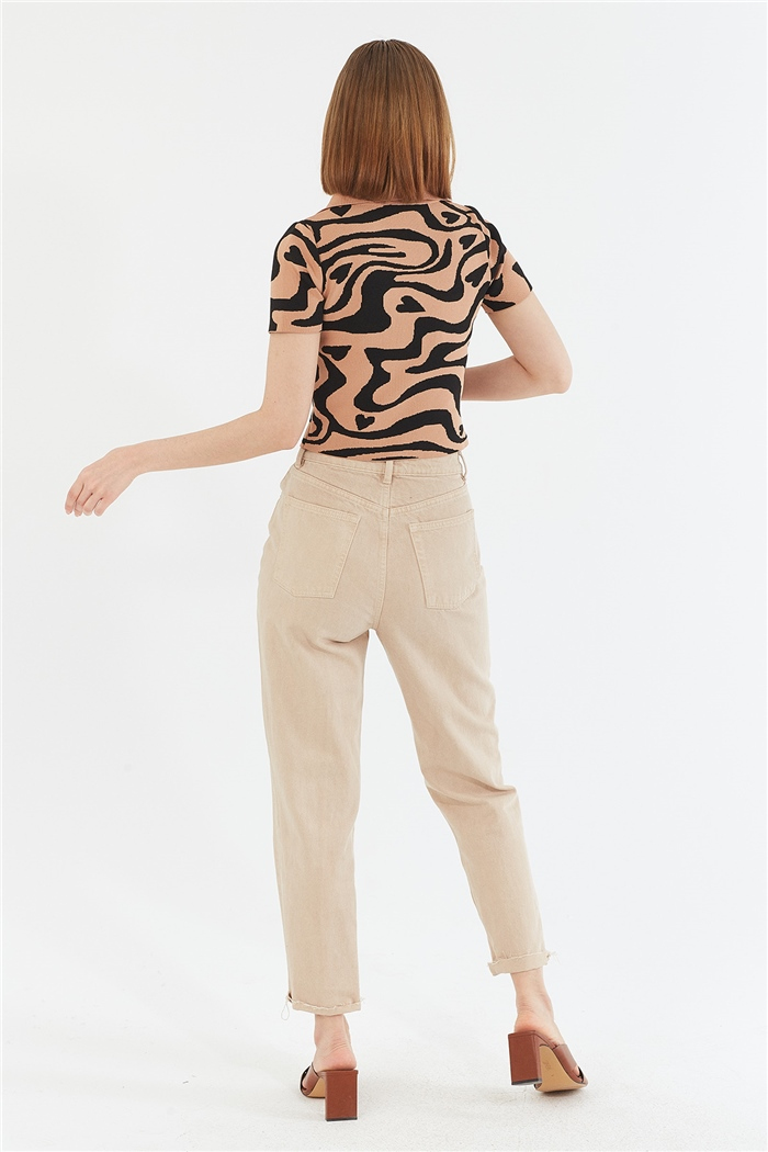 Avrile Desenli Polo Yaka Kazak  CAMEL-SİYAH  A92046-S
