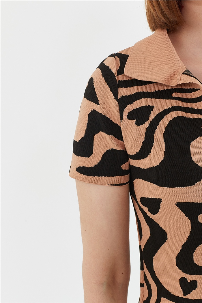 Avrile Desenli Polo Yaka Kazak  CAMEL-SİYAH  A92046-S