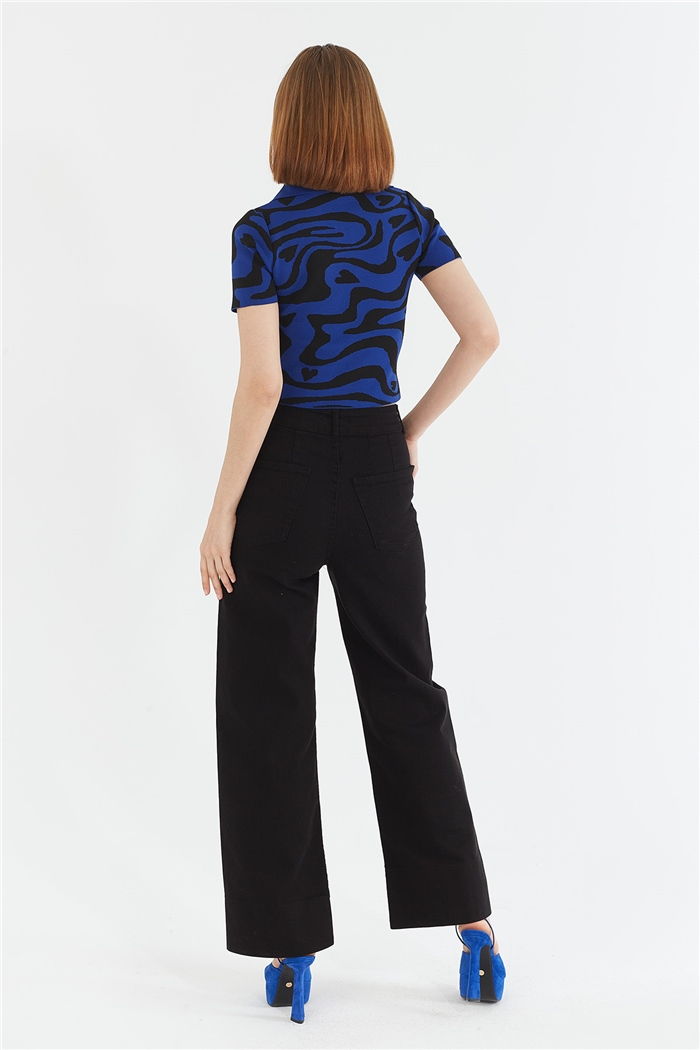 Avrile Desenli Polo Yaka Kazak  SAKS-SİYAH  A92046-S