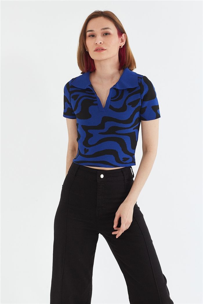 Avrile Desenli Polo Yaka Kazak  SAKS-SİYAH  A92046-S