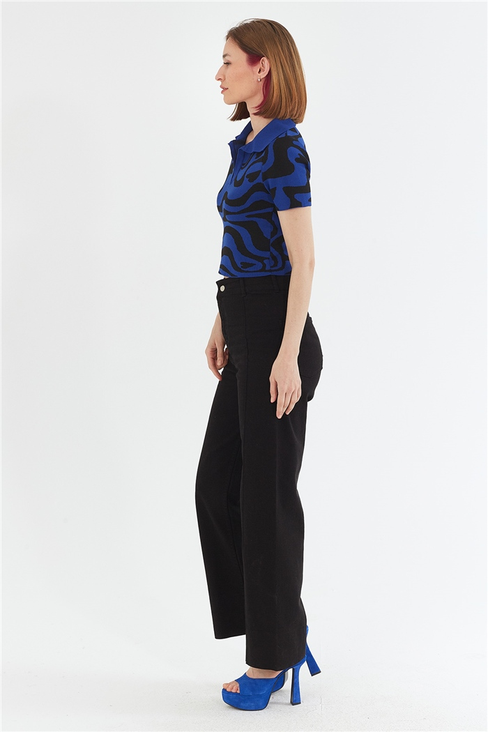 Avrile Desenli Polo Yaka Kazak  SAKS-SİYAH  A92046-S