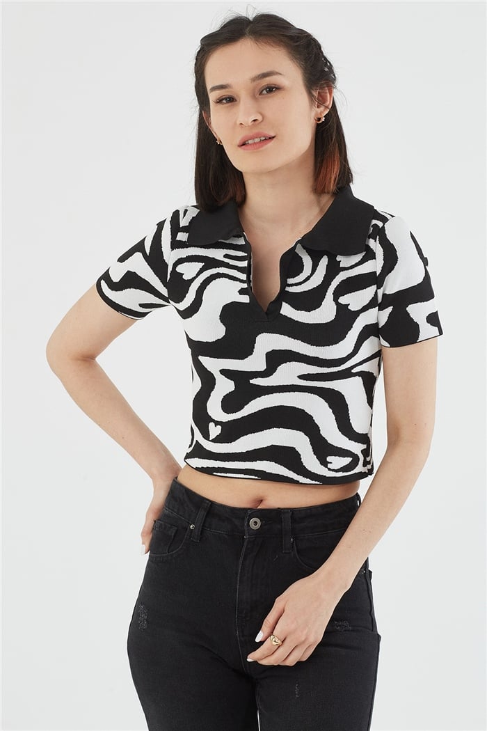 Avrile Desenli Polo Yaka Kazak  SİYAH-BEYAZ  A92046-S