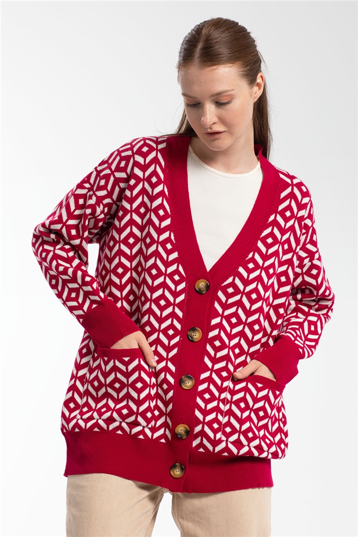 Avrile Desenli Salaş Triko Hırka  VİŞNE  A91814-S