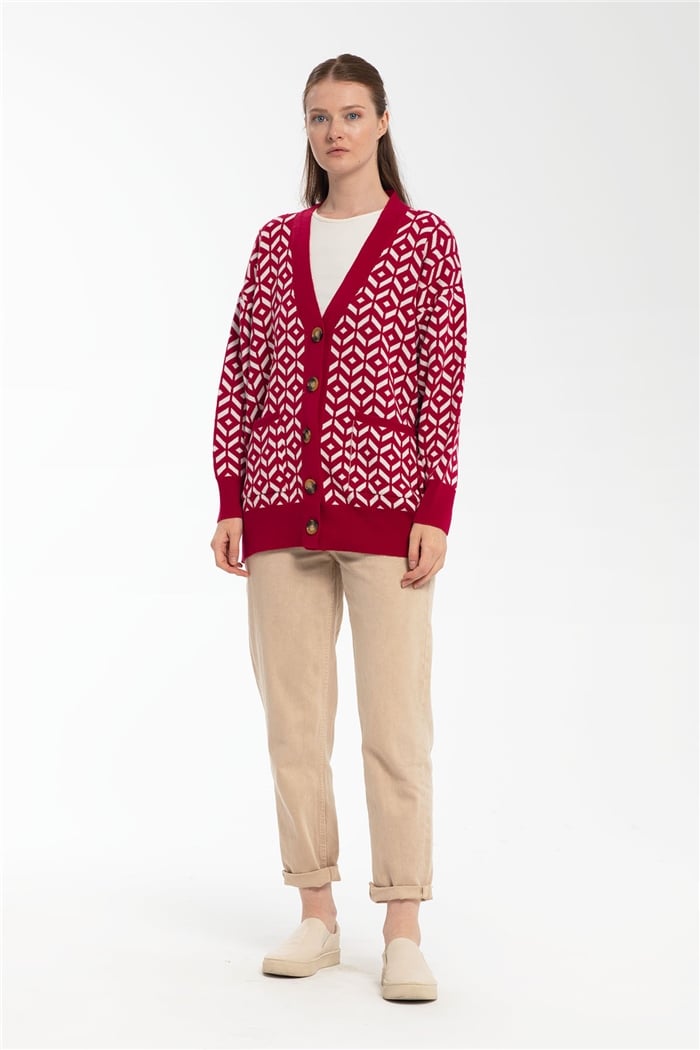 Avrile Desenli Salaş Triko Hırka  VİŞNE  A91814-S