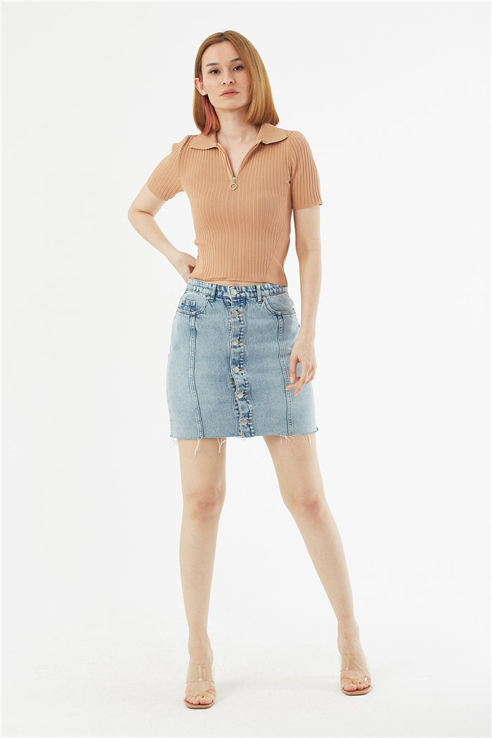 Avrile Fermuarlı Polo Yaka Kazak  CAMEL  A92063-S