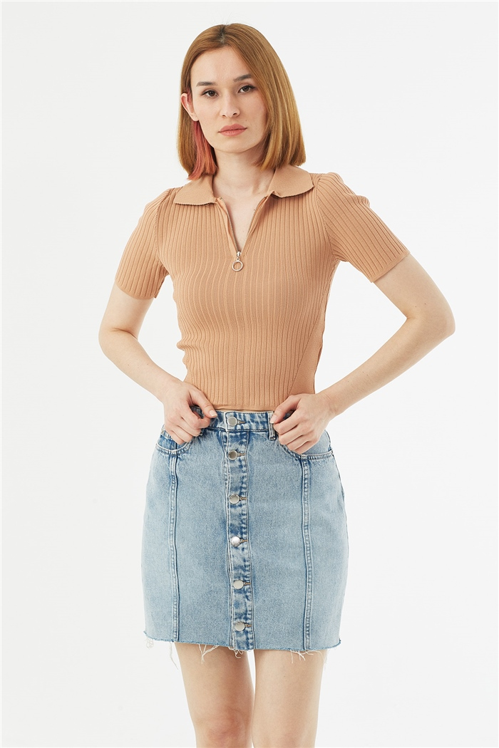 Avrile Fermuarlı Polo Yaka Kazak  CAMEL  A92063-S