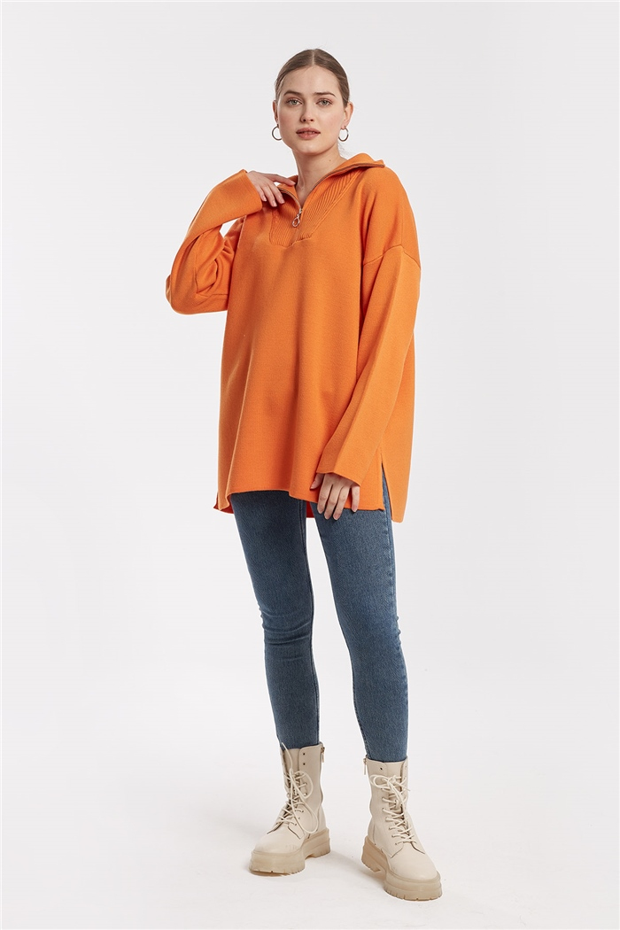 Avrile Fermuarlı Yırtmaçlı Triko Tunik  ORANJ  A91974-S