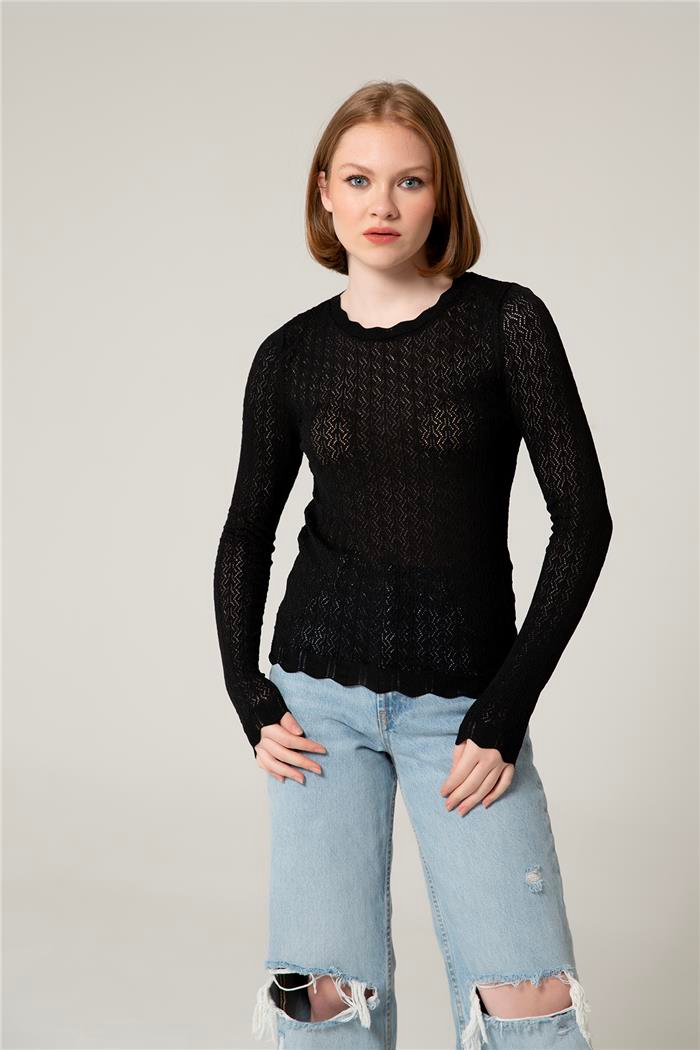 Avrile Kadın Ajurlu Triko Bluz SİYAH A92294-S