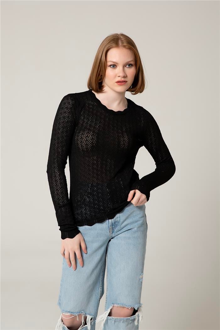 Avrile Kadın Ajurlu Triko Bluz SİYAH A92294-S