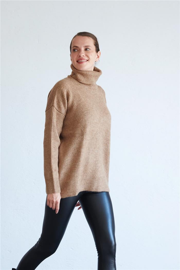 Avrile Kadın Balıkçı Yaka Salaş Triko Kazak CAMEL A91333-S