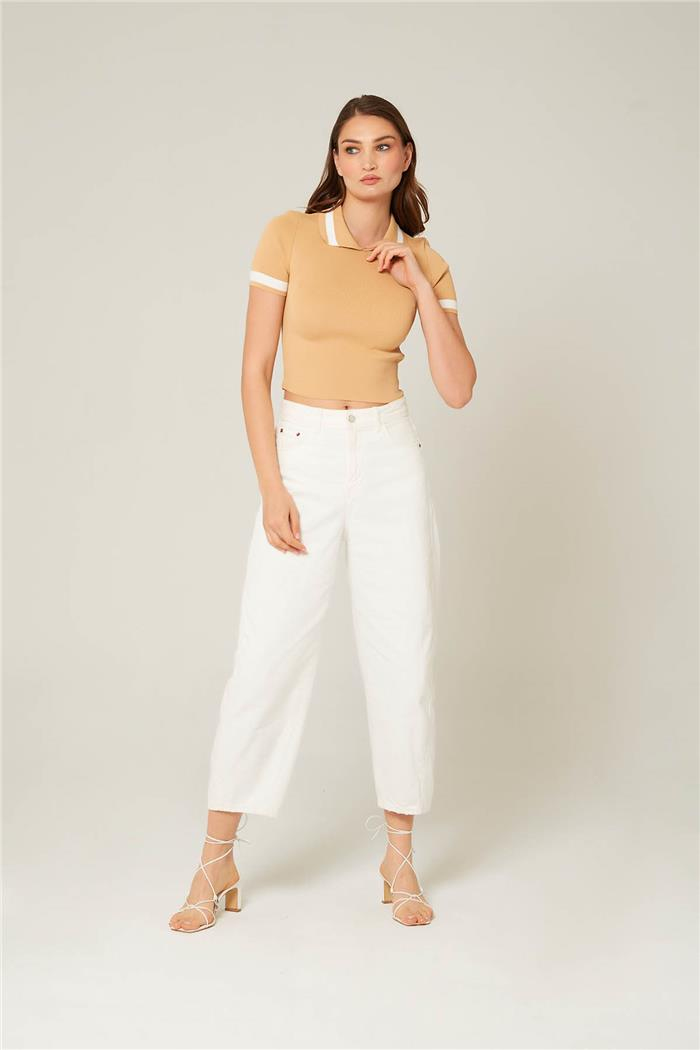 Avrile Kadın Çizgi Detaylı Polo Yaka Bluz CAMEL-BEYAZ A92309-S