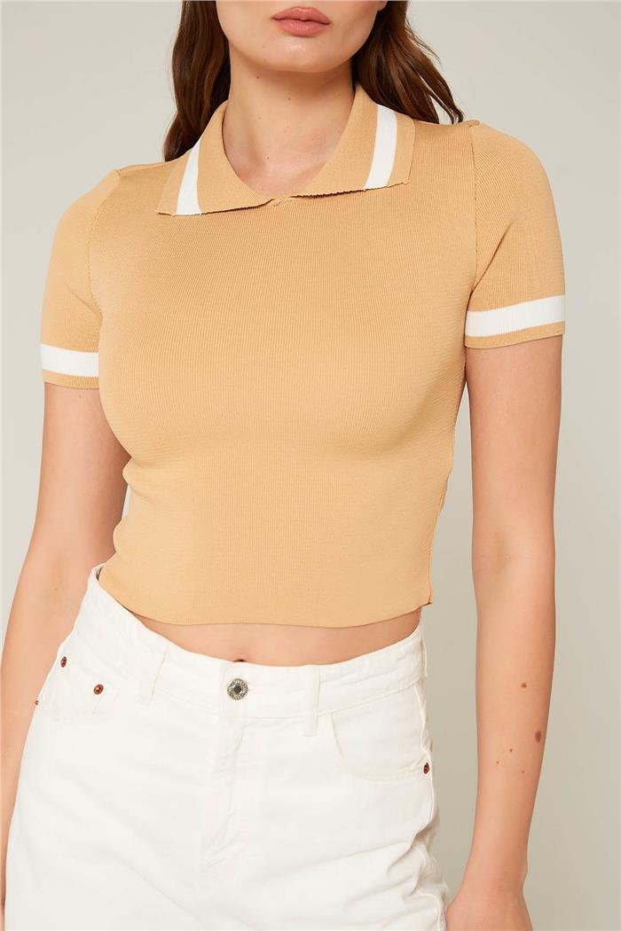 Avrile Kadın Çizgi Detaylı Polo Yaka Bluz CAMEL-BEYAZ A92309-S