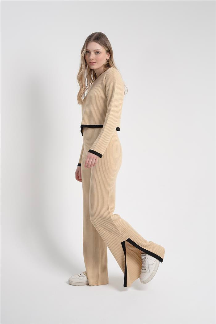 Avrile Kadın ÇİZGİ DETAYLI TRİKO TAKIM CAMEL-SİYAH A92248-S