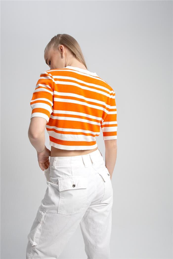Avrile Kadın ÇİZGİLİ CROP TRİKO KAZAK EKRU-ORANJ A92268-S