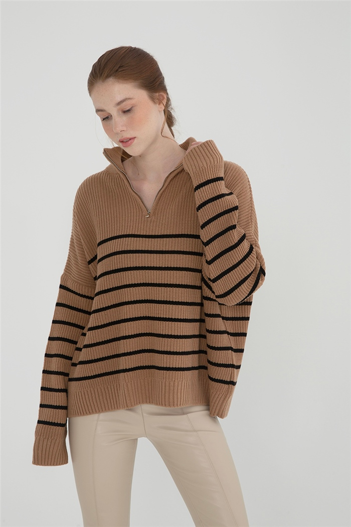 Avrile Kadın Çizgili Fermuarlı Triko Kazak CAMEL-SİYAH A92235-S
