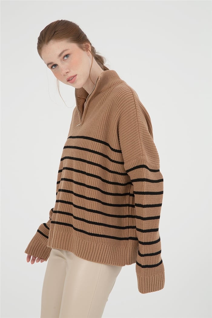 Avrile Kadın Çizgili Fermuarlı Triko Kazak CAMEL-SİYAH A92235-S