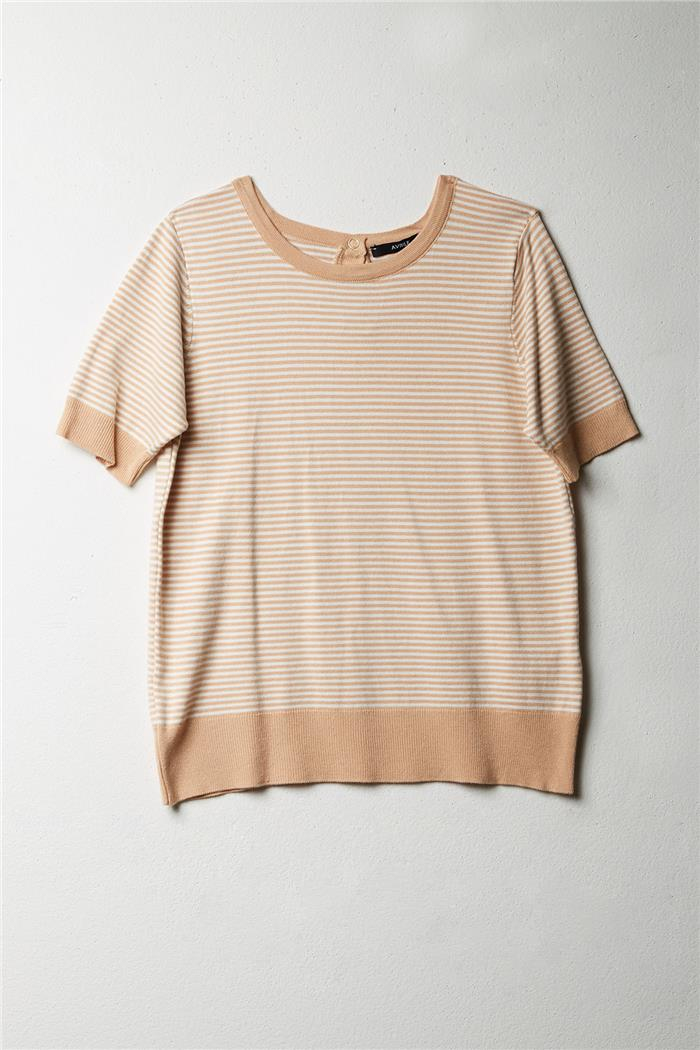 Avrile Kadın ÇİZGİLİ  KAZAK CAMEL-BEYAZ A92322-S