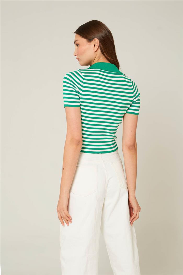 Avrile Kadın ÇİZGİLİ POLO YAKA TRİKO KAZAK BENETTON-BEYAZ A92314-S