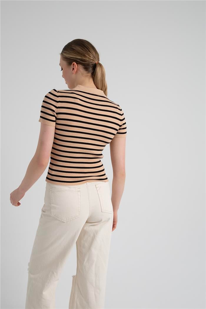 Avrile Kadın Çizgili Polo Yaka Triko Kazak CAMEL-SİYAH A92252-S