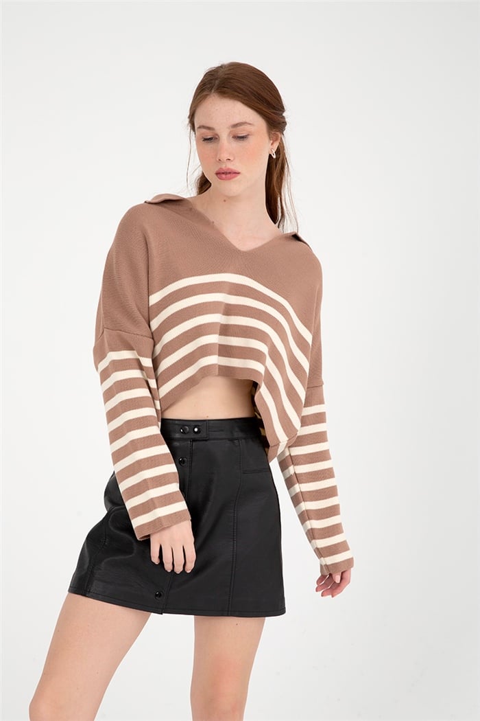 Avrile Kadın Çizgili Polo Yaka Triko Kazak CAMEL-HAM EKRU A92233-S