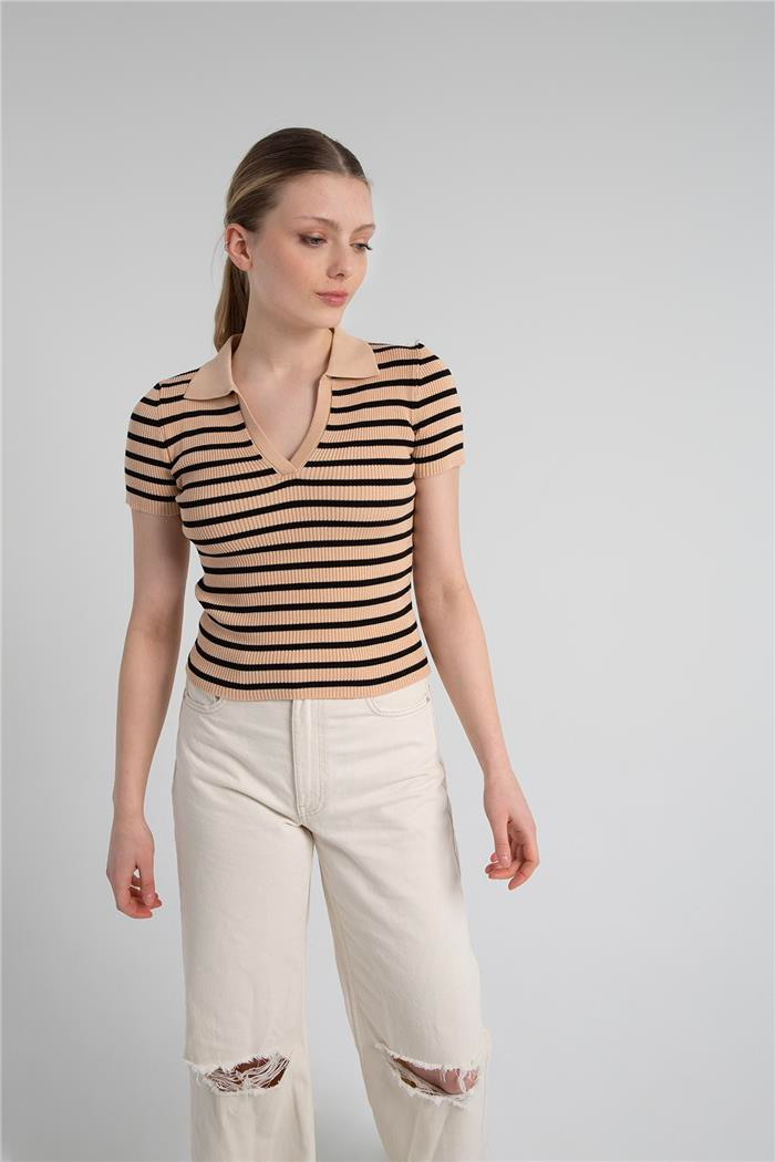 Avrile Kadın Çizgili Polo Yaka Triko Kazak CAMEL-SİYAH A92252-S