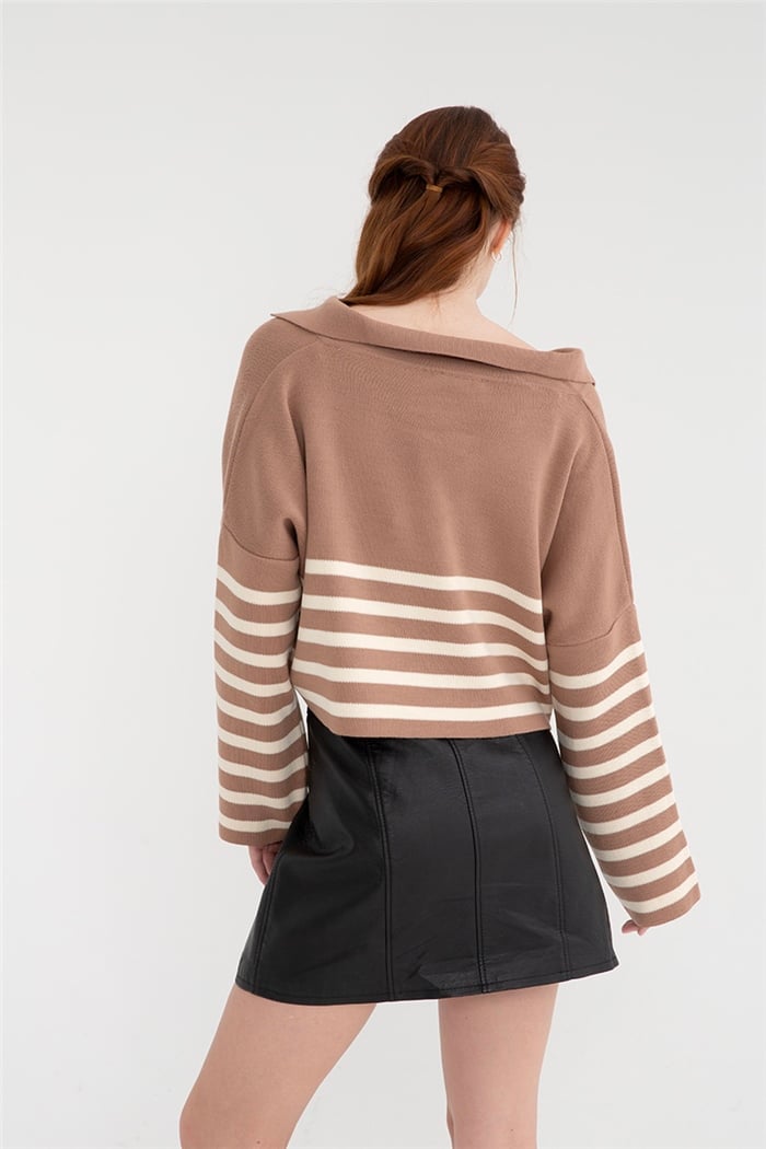 Avrile Kadın Çizgili Polo Yaka Triko Kazak CAMEL-HAM EKRU A92233-S