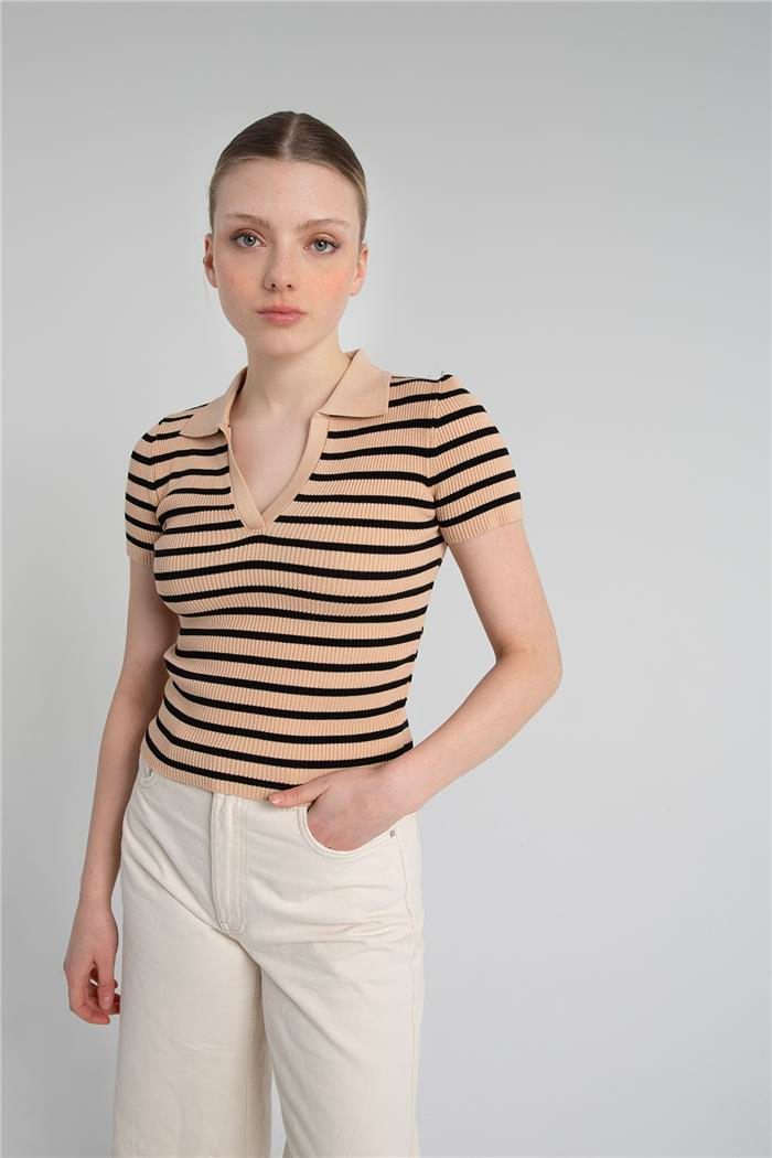 Avrile Kadın Çizgili Polo Yaka Triko Kazak CAMEL-SİYAH A92252-S