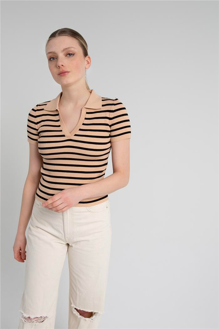 Avrile Kadın Çizgili Polo Yaka Triko Kazak CAMEL-SİYAH A92252-S
