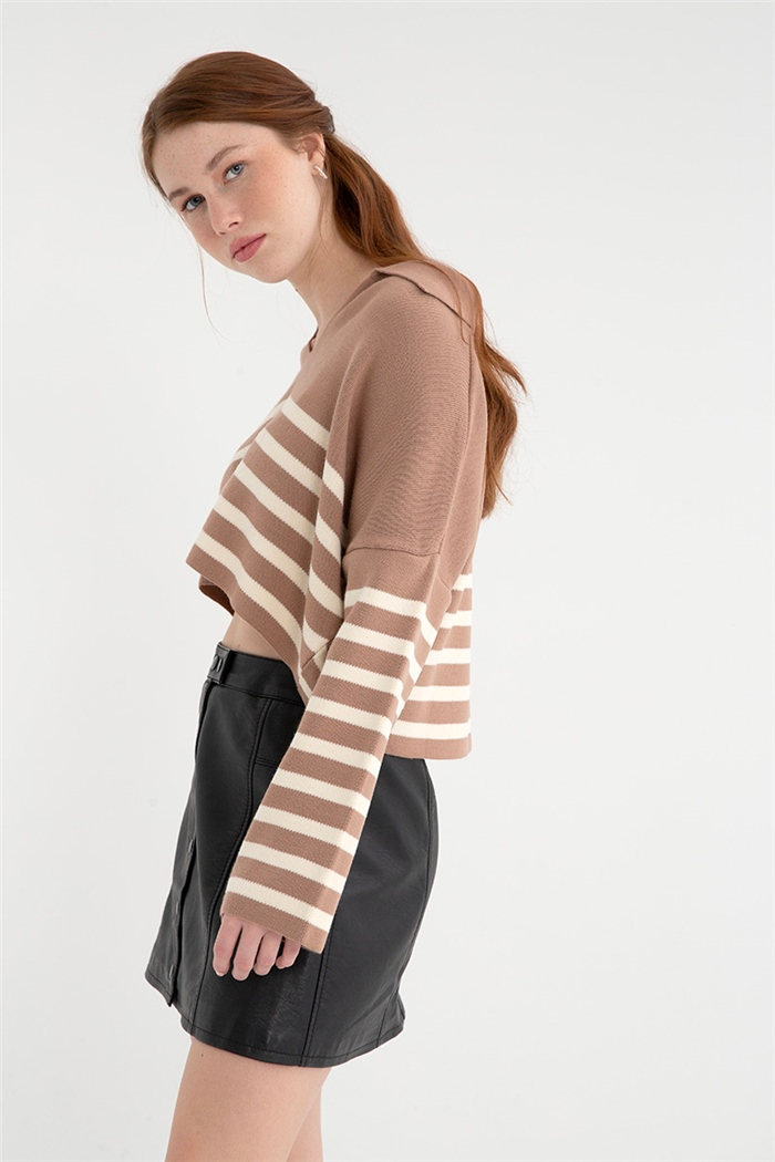 Avrile Kadın Çizgili Polo Yaka Triko Kazak CAMEL-HAM EKRU A92233-S